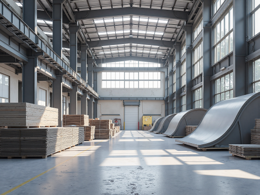 现代化工业厂房外景，蓝灰色建筑配白色屋顶，周围绿植环绕，阳光充足，展现企业规模实力