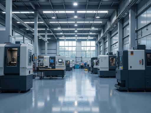 现代化工业厂房外观全景，蓝灰色建筑配大面积玻璃窗，周围绿化良好，展现企业形象